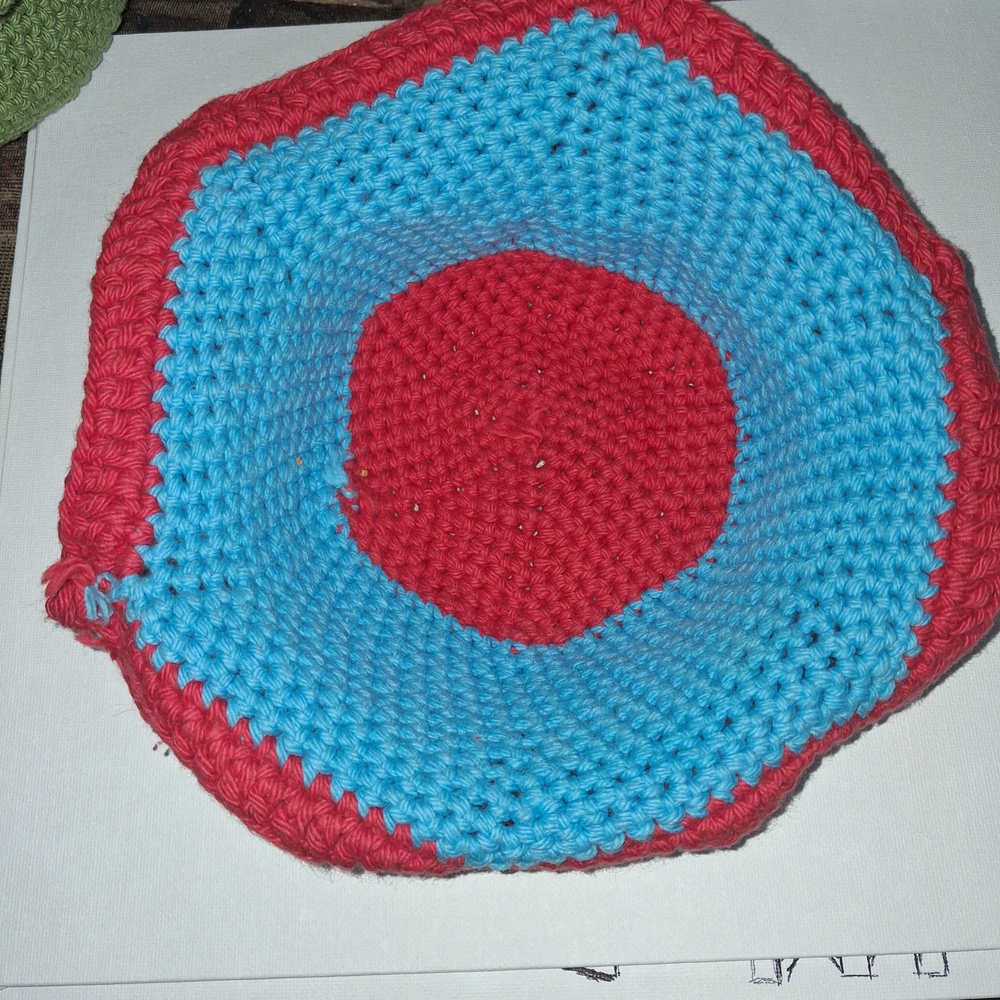 Red and Blue Crochet Bowl Cozy